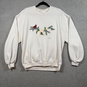 Vtg Endless Designs Christmas Cardinal Sweatshirt Cream L Cottage Made in USA